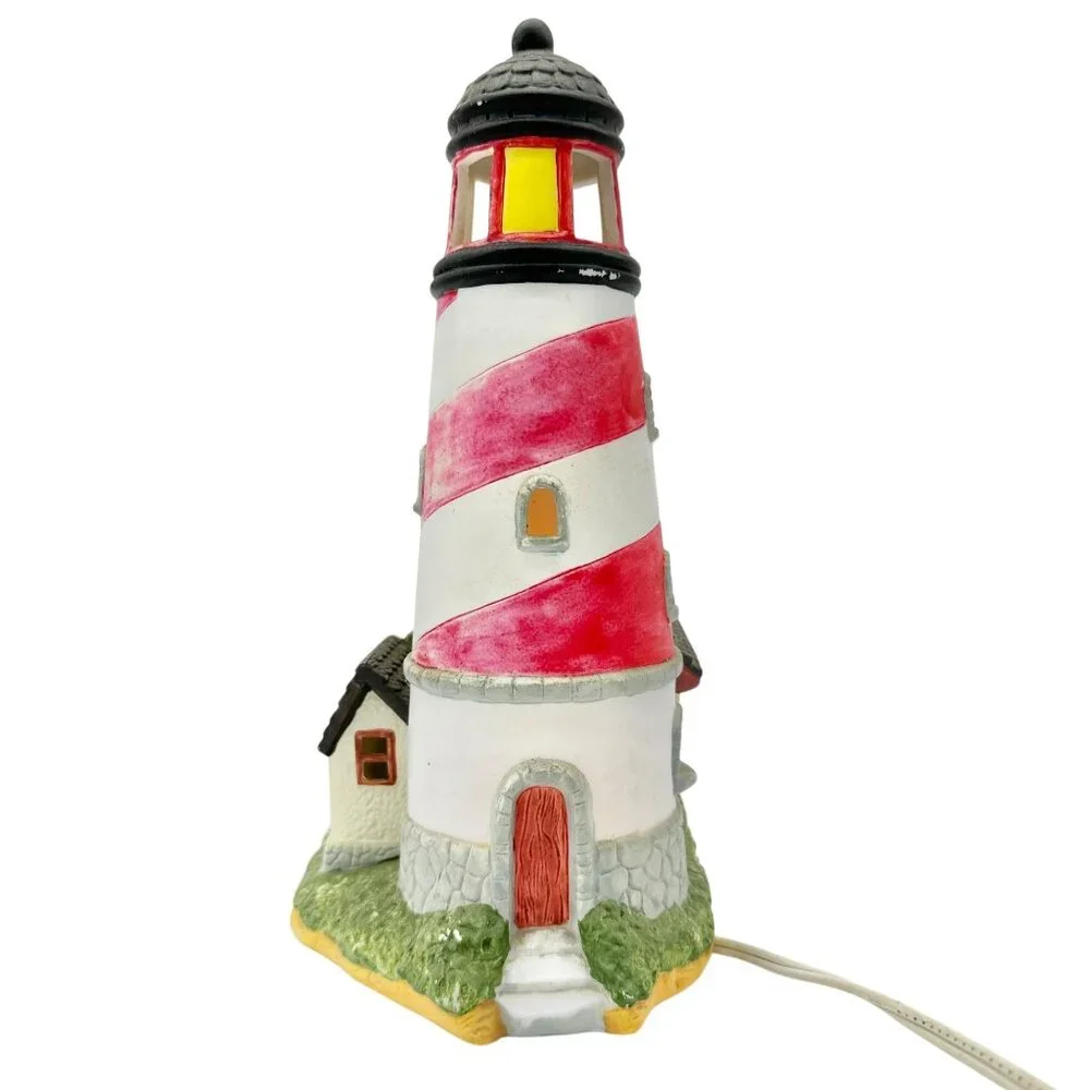 Lighthouse With Cottage Table Lamp Decoration With Lightbulb and Switch 10 x 8